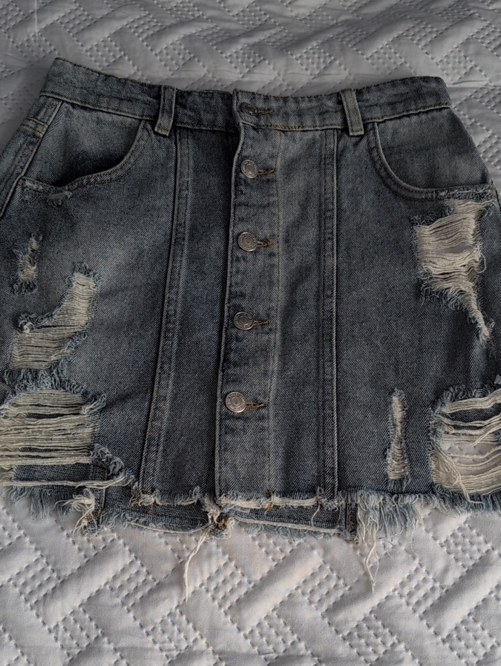 Distressed Button-Front Denim Mini Skirt - Blue